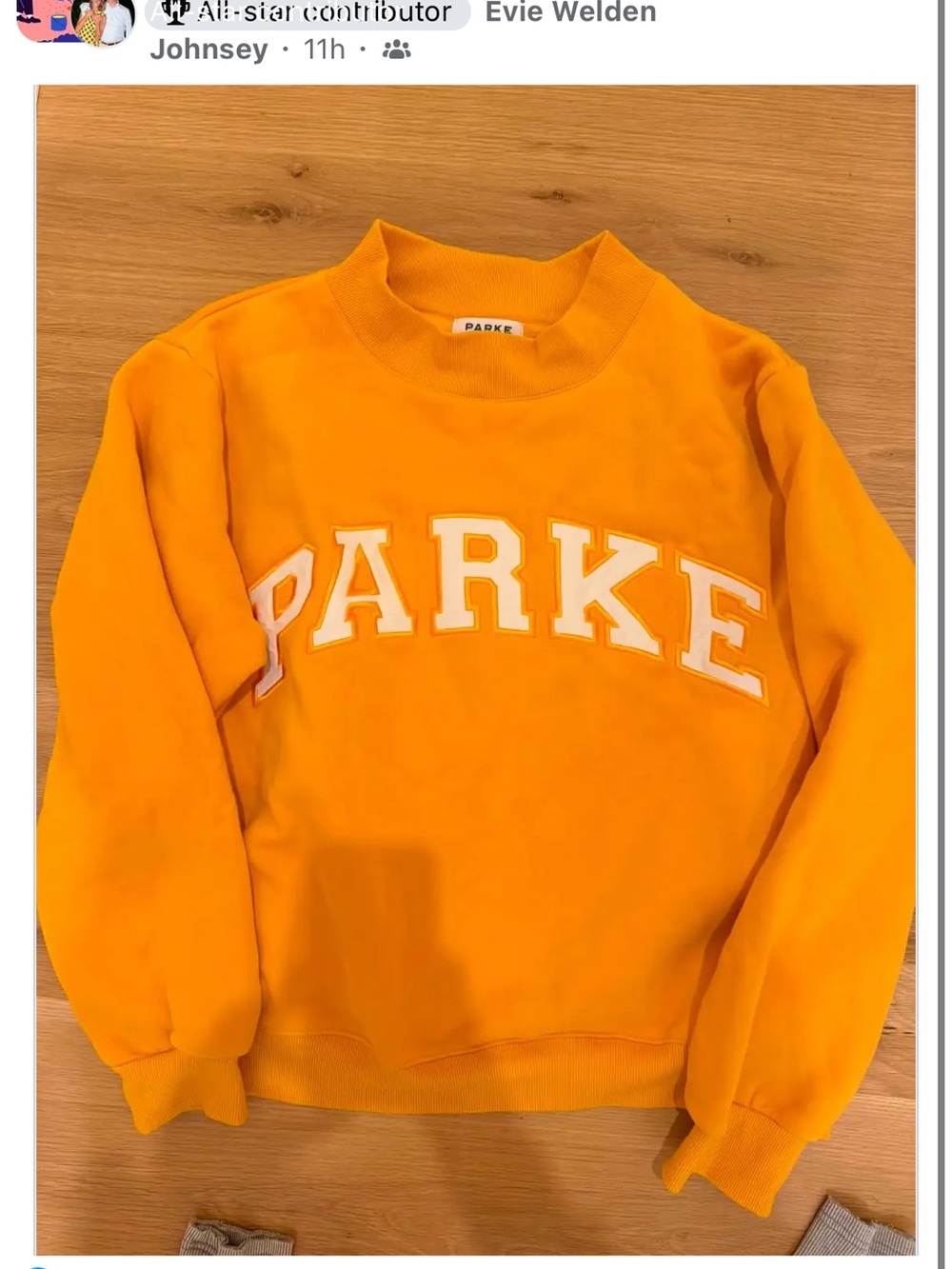 Parke Women's yellow/orange Crewneck Sweatshirt with White Lettering
